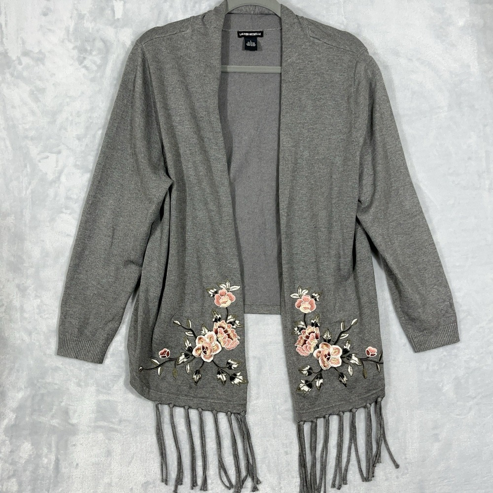 Womens Embroidered Tasseled Cardigan Sweater Gray L Open‎ Floral Grandmacore